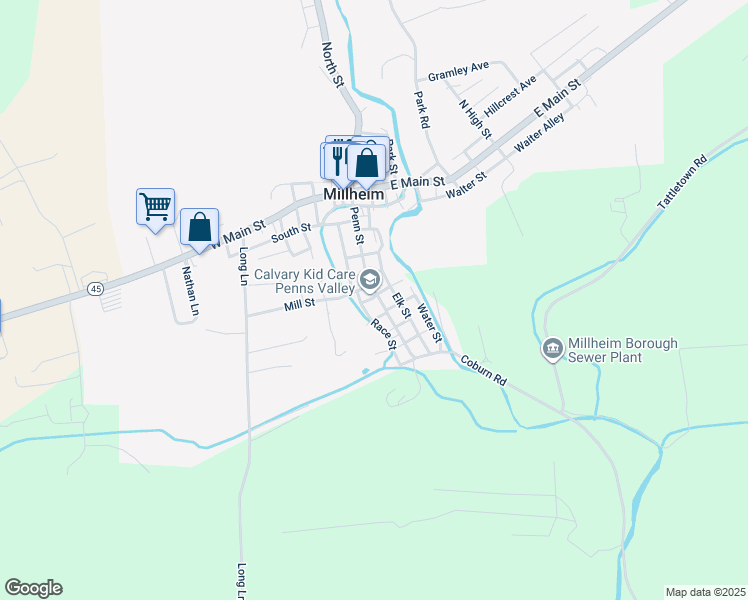 map of restaurants, bars, coffee shops, grocery stores, and more near 138 Penn Street in Millheim