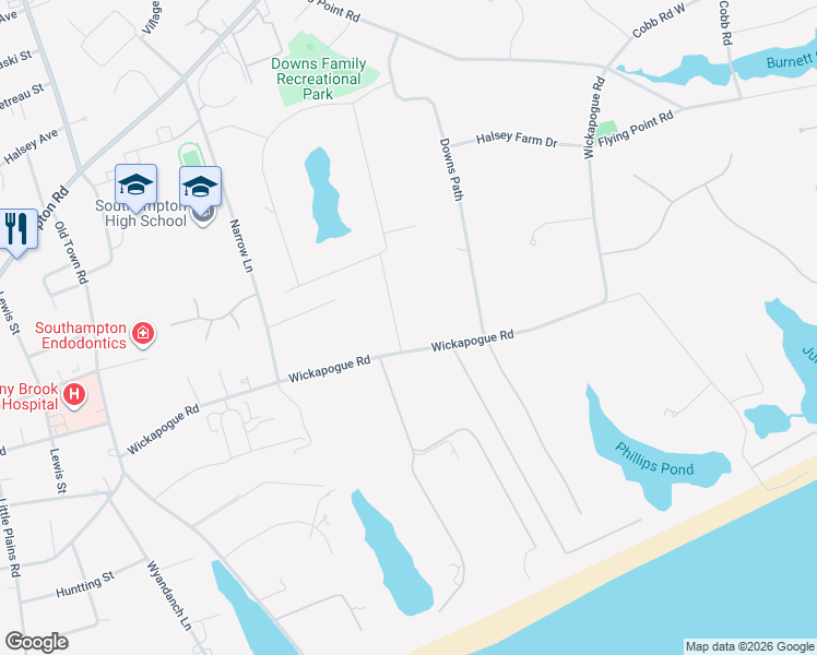 map of restaurants, bars, coffee shops, grocery stores, and more near 359 Wickapogue Road in Southampton