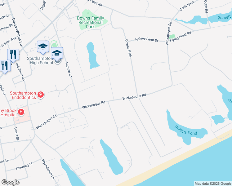 map of restaurants, bars, coffee shops, grocery stores, and more near 359 Wickapogue Road in Southampton
