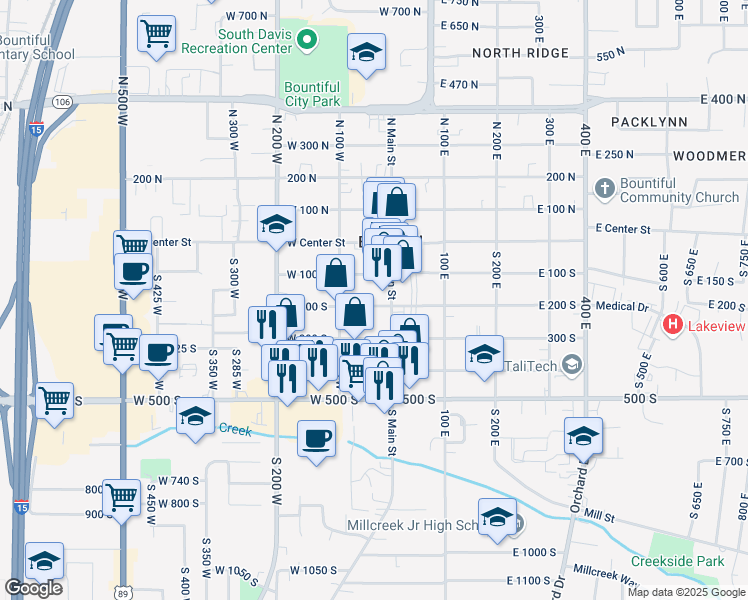 map of restaurants, bars, coffee shops, grocery stores, and more near 65 West 200 South in Bountiful