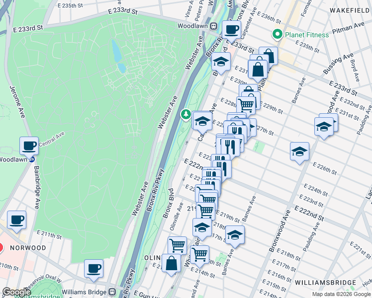 map of restaurants, bars, coffee shops, grocery stores, and more near 3920 Bronx Boulevard in Bronx