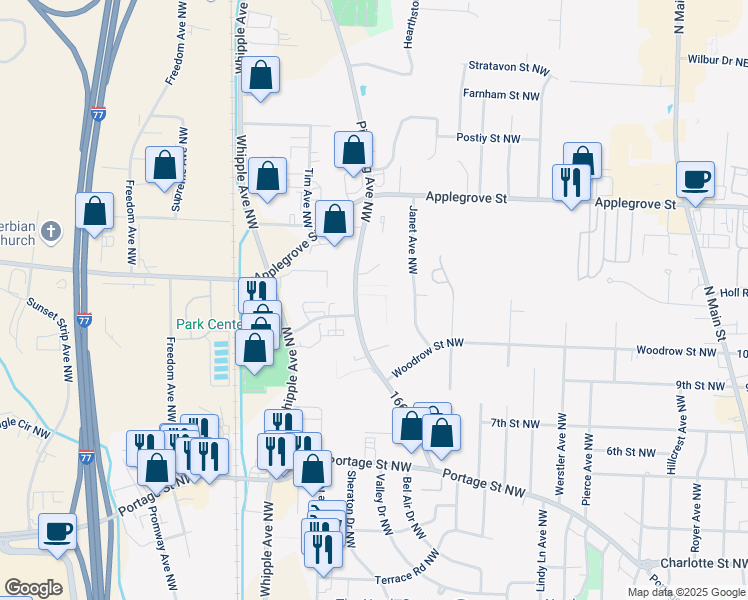map of restaurants, bars, coffee shops, grocery stores, and more near 1102 Pittsburg Avenue Northwest in North Canton