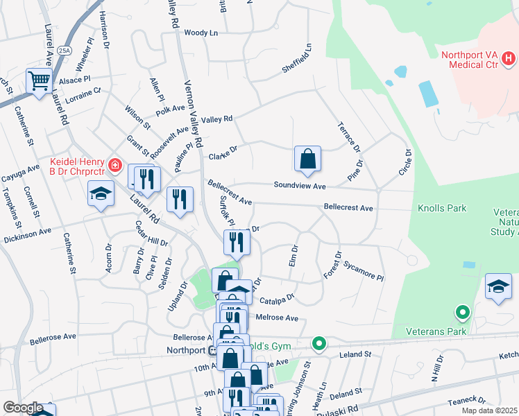 map of restaurants, bars, coffee shops, grocery stores, and more near 61 Crest Drive in East Northport