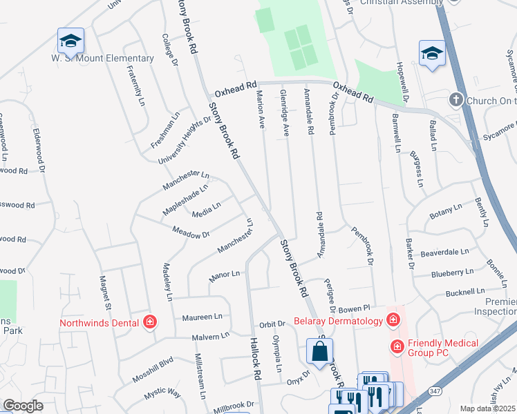 map of restaurants, bars, coffee shops, grocery stores, and more near 1394 Stony Brook Road in Stony Brook