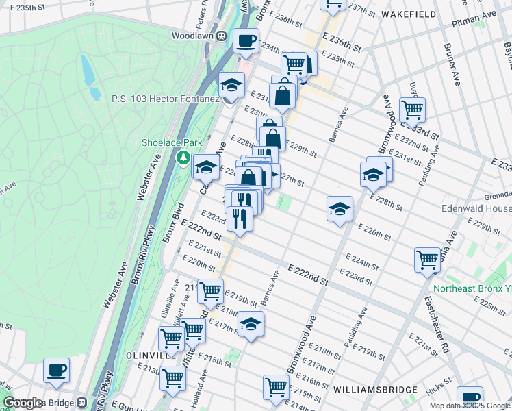 map of restaurants, bars, coffee shops, grocery stores, and more near 721 East 224th Street in Bronx