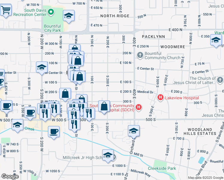 map of restaurants, bars, coffee shops, grocery stores, and more near 200 East 200 South in Bountiful