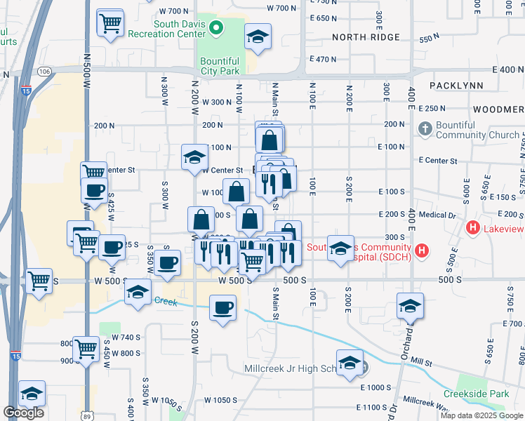 map of restaurants, bars, coffee shops, grocery stores, and more near 65 West 200 South in Bountiful