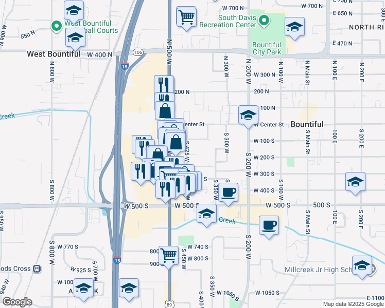 map of restaurants, bars, coffee shops, grocery stores, and more near 246 South 425 West in Bountiful