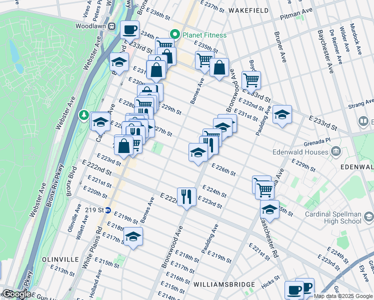 map of restaurants, bars, coffee shops, grocery stores, and more near 848 East 226th Street in The Bronx