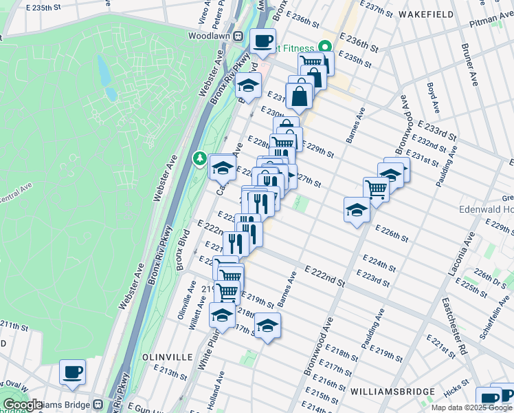 map of restaurants, bars, coffee shops, grocery stores, and more near in The Bronx