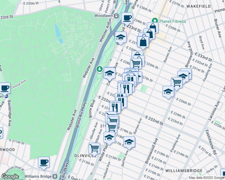map of restaurants, bars, coffee shops, grocery stores, and more near 649 East 223rd Street in Bronx