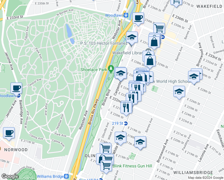 map of restaurants, bars, coffee shops, grocery stores, and more near 3905 Carpenter Avenue in Bronx