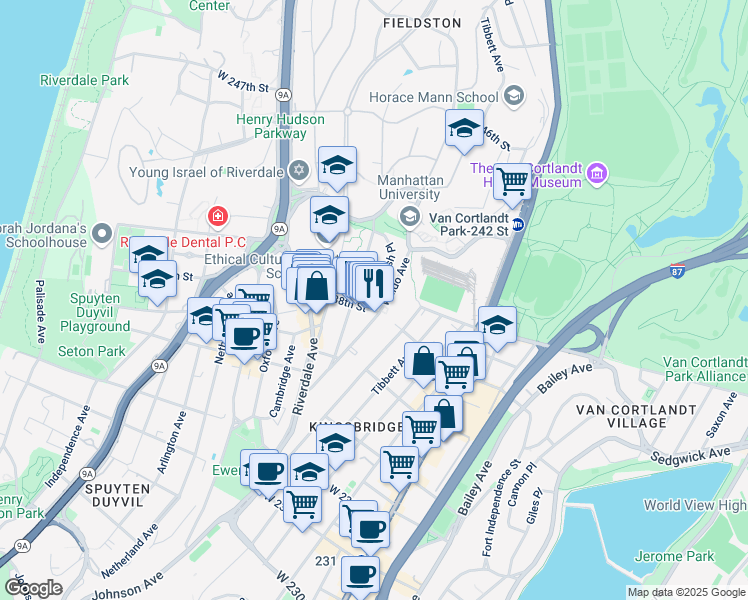 map of restaurants, bars, coffee shops, grocery stores, and more near in The Bronx