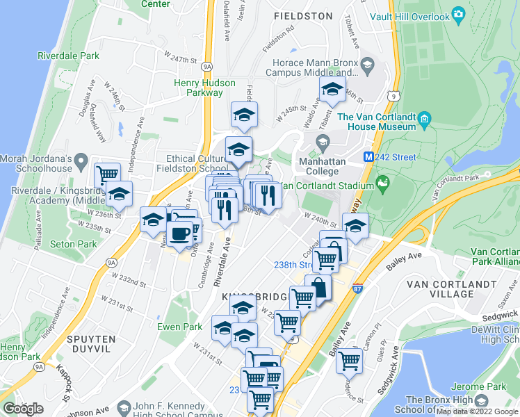 map of restaurants, bars, coffee shops, grocery stores, and more near 442 West 238th Street in Bronx