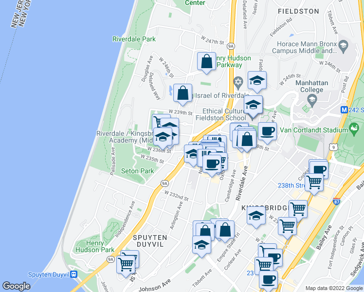 map of restaurants, bars, coffee shops, grocery stores, and more near in The Bronx