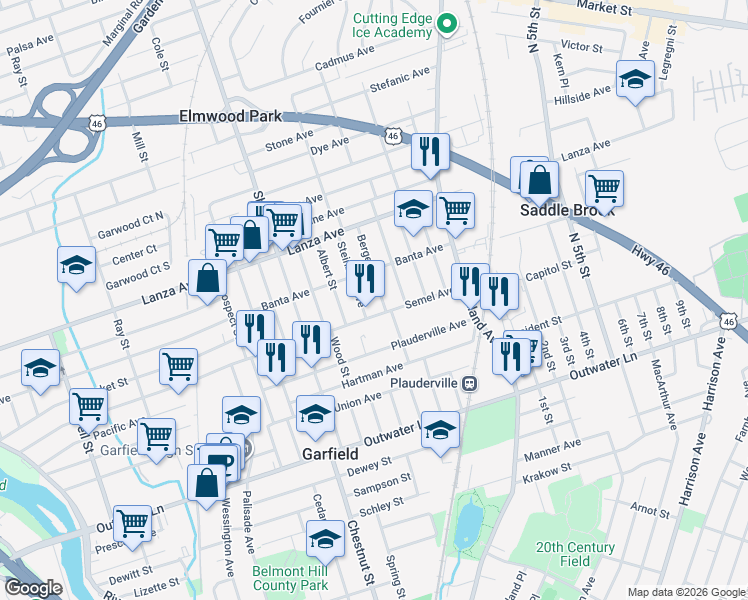 map of restaurants, bars, coffee shops, grocery stores, and more near 321 Semel Avenue in Garfield