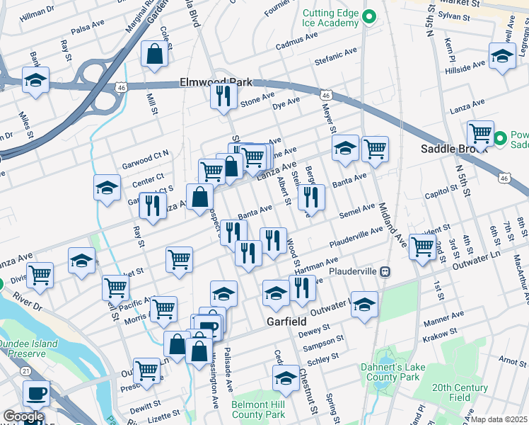 map of restaurants, bars, coffee shops, grocery stores, and more near 125 Shaw Street in Garfield