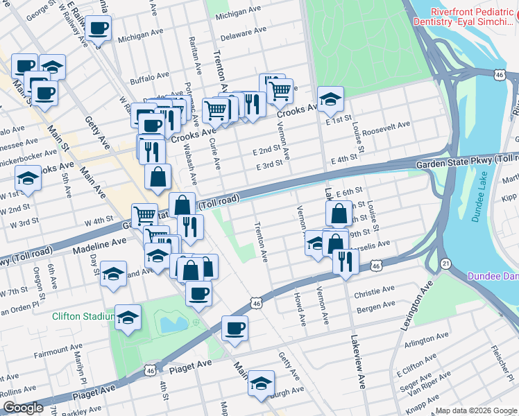 map of restaurants, bars, coffee shops, grocery stores, and more near 257 East 6th Street in Clifton