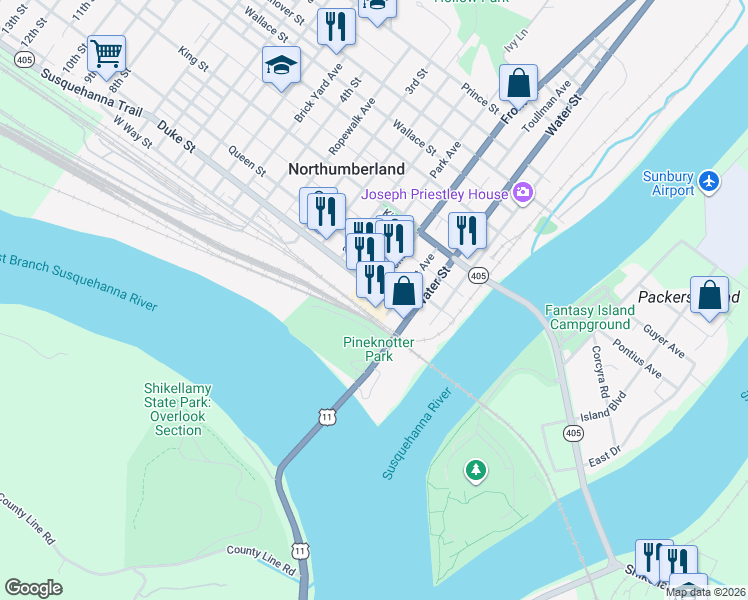map of restaurants, bars, coffee shops, grocery stores, and more near 2 Front Street in Northumberland