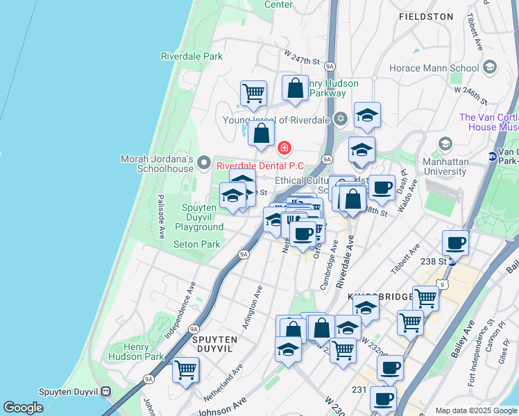 map of restaurants, bars, coffee shops, grocery stores, and more near 3611 Henry Hudson Parkway West in Bronx