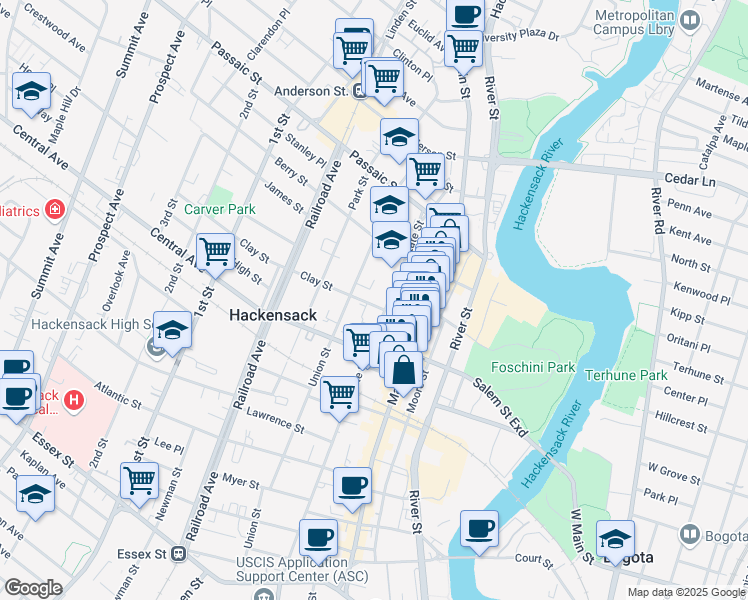 map of restaurants, bars, coffee shops, grocery stores, and more near 276 State Street in Hackensack