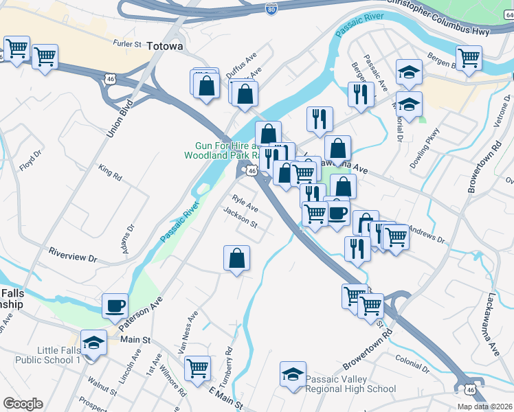 map of restaurants, bars, coffee shops, grocery stores, and more near 53 Harrison Street in Little Falls