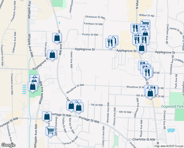 map of restaurants, bars, coffee shops, grocery stores, and more near 1031 Browning Avenue Northwest in North Canton