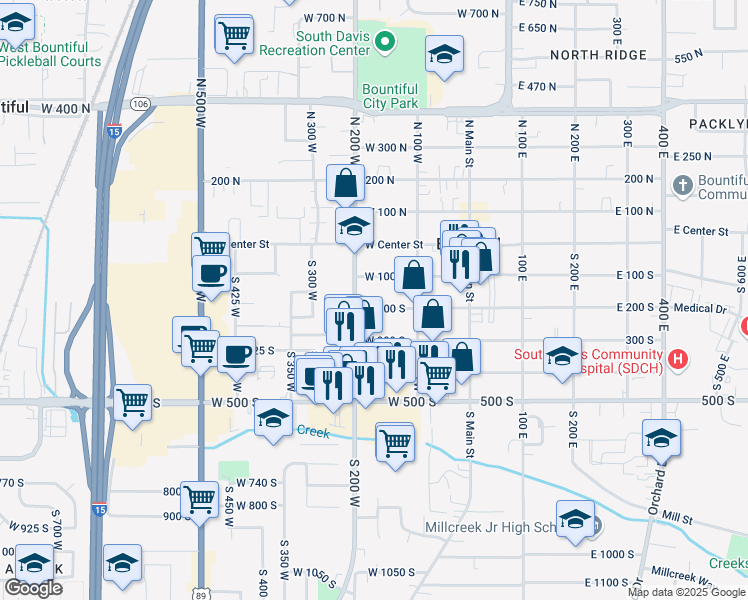 map of restaurants, bars, coffee shops, grocery stores, and more near 195 West 200 South in Bountiful