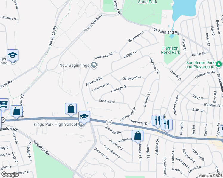 map of restaurants, bars, coffee shops, grocery stores, and more near 11 Carriage Drive in Kings Park