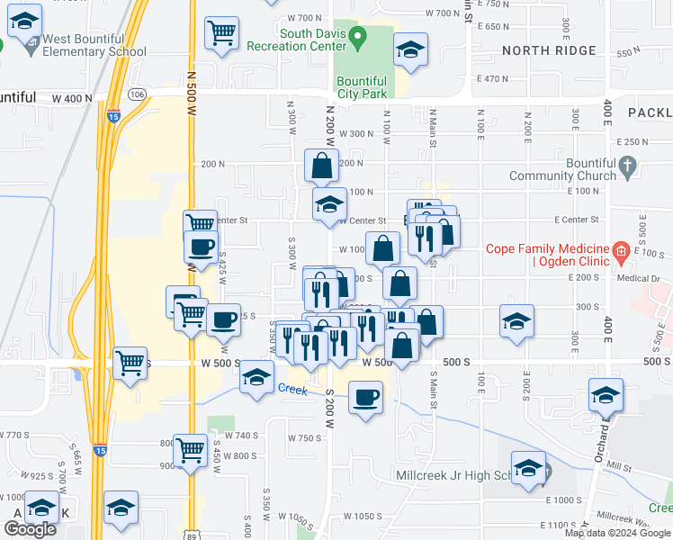 map of restaurants, bars, coffee shops, grocery stores, and more near 195 West 200 South in Bountiful