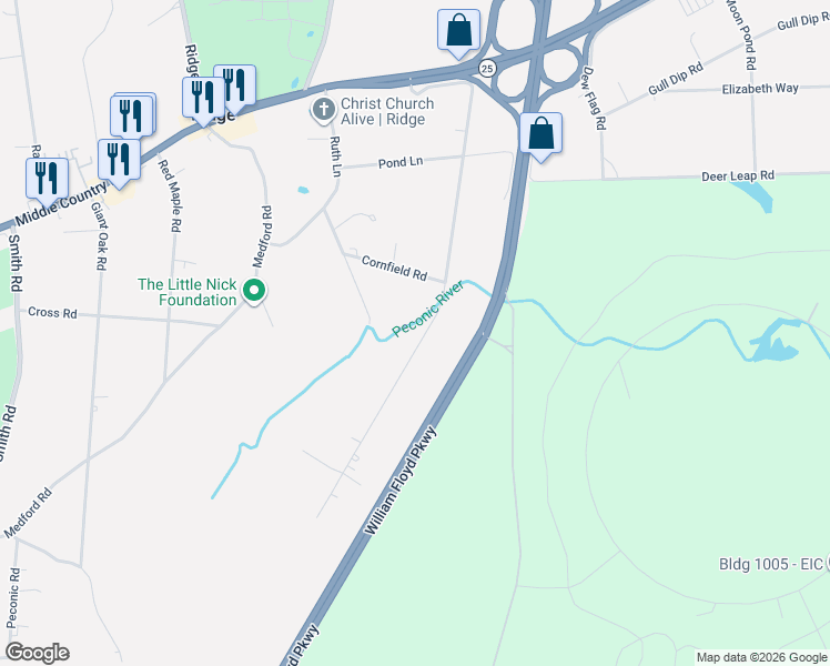 map of restaurants, bars, coffee shops, grocery stores, and more near 69 Sally Lane in Ridge