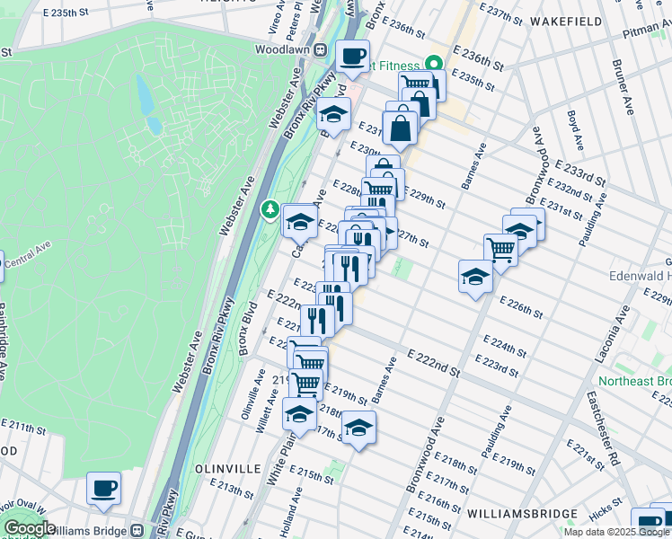 map of restaurants, bars, coffee shops, grocery stores, and more near in The Bronx