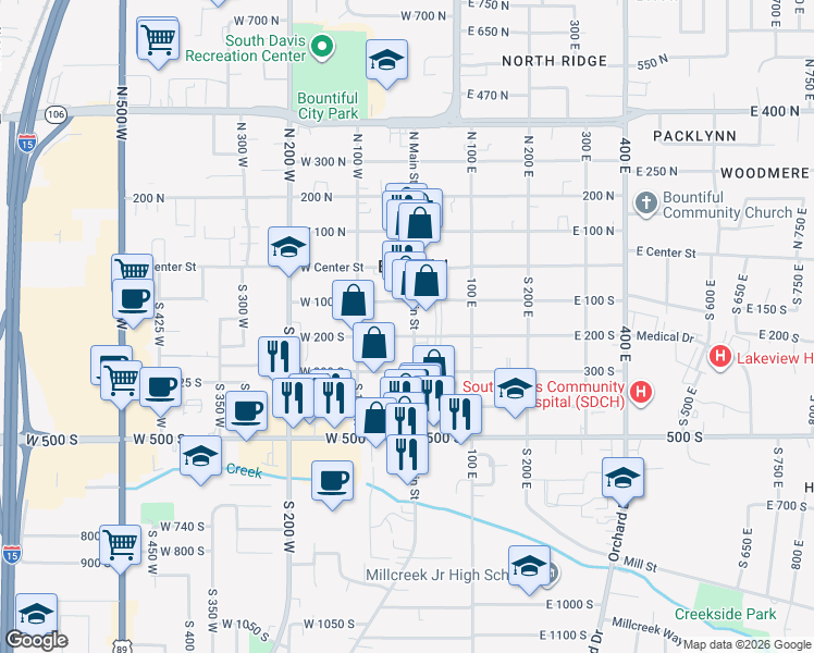 map of restaurants, bars, coffee shops, grocery stores, and more near 203 South Main Street in Bountiful