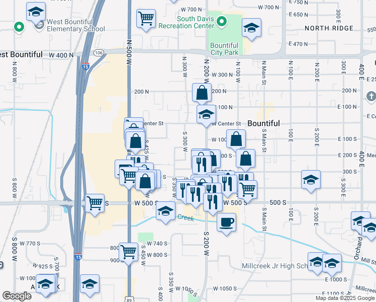 map of restaurants, bars, coffee shops, grocery stores, and more near 198 South 200 West in Bountiful