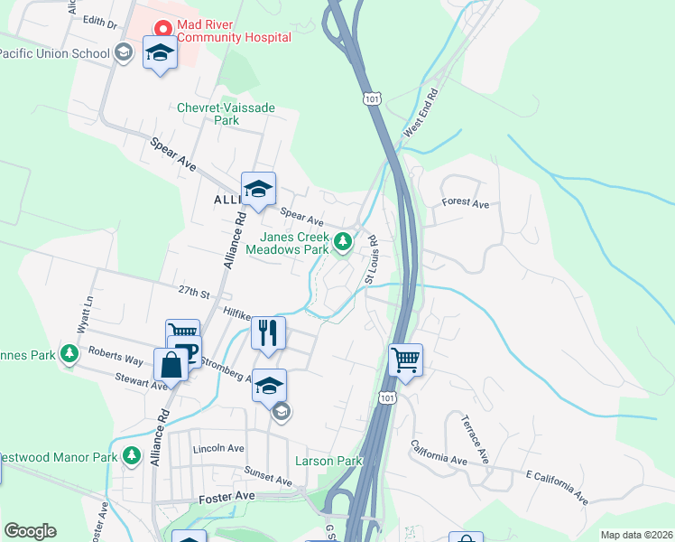 map of restaurants, bars, coffee shops, grocery stores, and more near 2750A Meadow Creek Way in Arcata