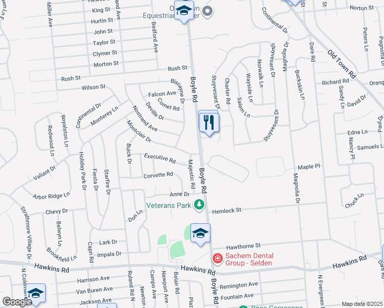 map of restaurants, bars, coffee shops, grocery stores, and more near 350 Boyle Road in Selden