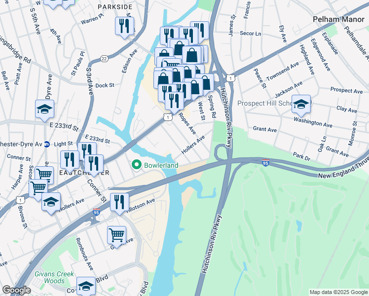 map of restaurants, bars, coffee shops, grocery stores, and more near 2516 Hollers Avenue in Bronx