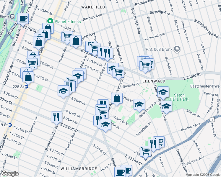 map of restaurants, bars, coffee shops, grocery stores, and more near 1072 East 229th Street in Bronx