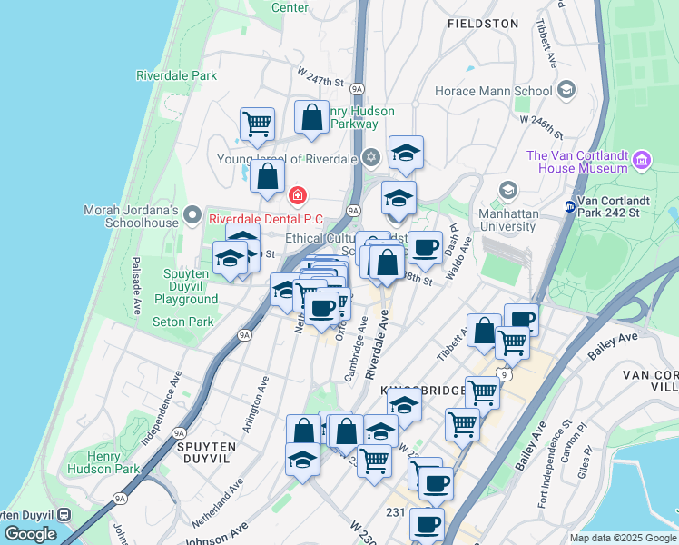map of restaurants, bars, coffee shops, grocery stores, and more near 3614 Johnson Avenue in Bronx