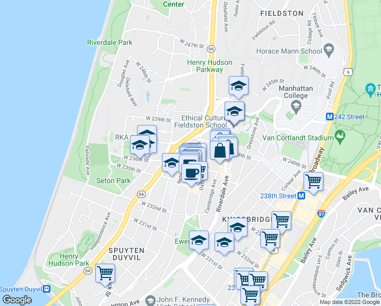 map of restaurants, bars, coffee shops, grocery stores, and more near 3614 Johnson Avenue in Bronx
