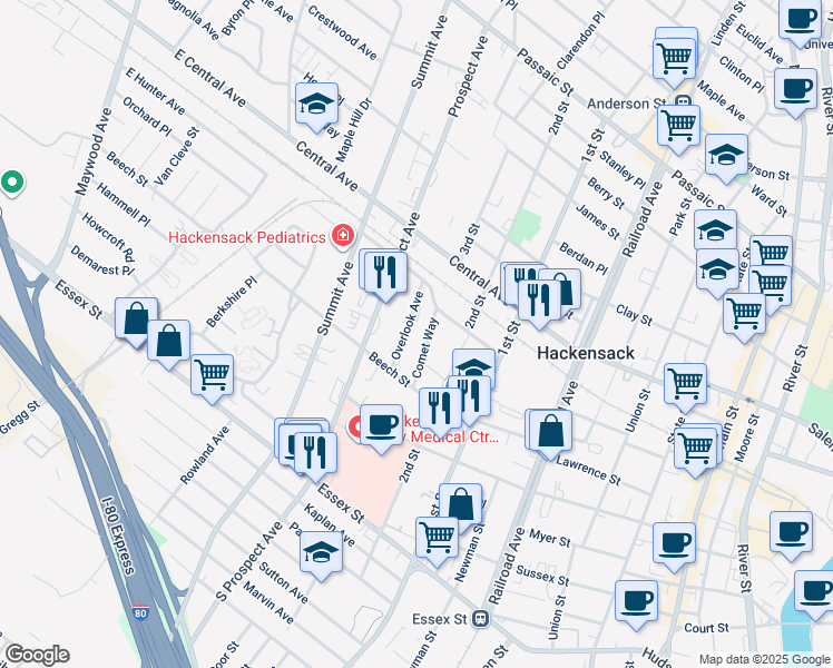 map of restaurants, bars, coffee shops, grocery stores, and more near 310 Beech Street in Hackensack