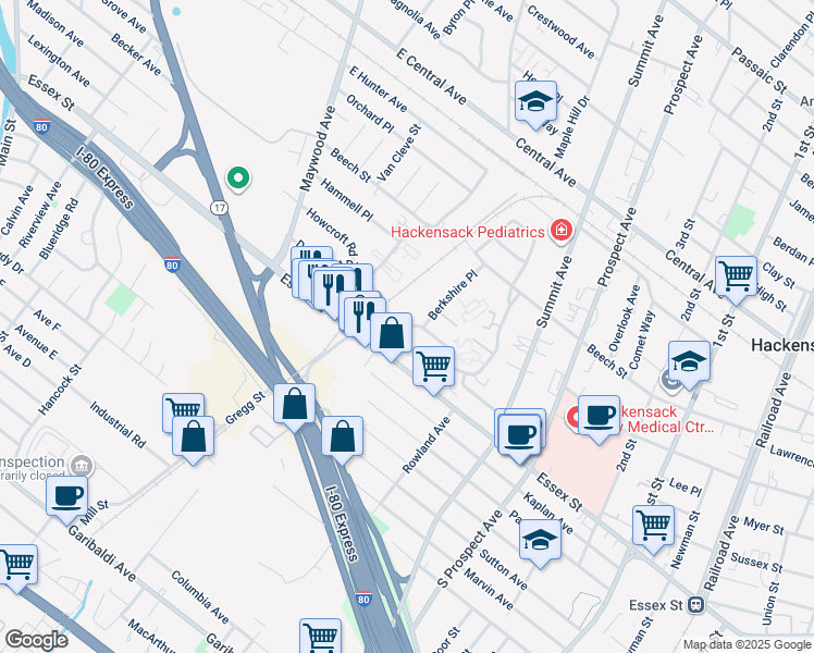 map of restaurants, bars, coffee shops, grocery stores, and more near 12 Berkshire Place in Hackensack