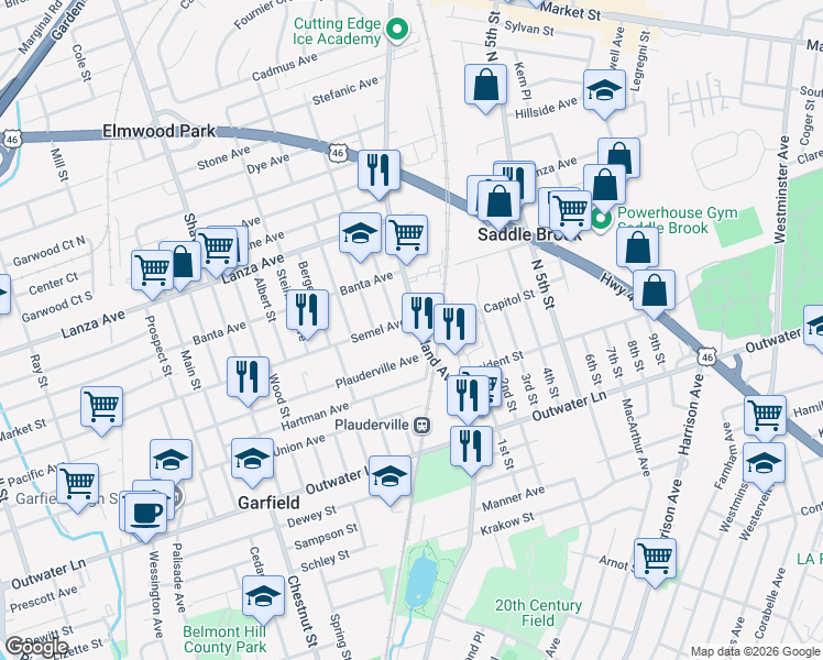 map of restaurants, bars, coffee shops, grocery stores, and more near 661 Midland Avenue in Garfield