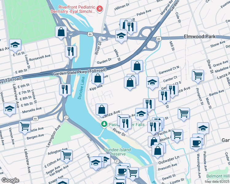 map of restaurants, bars, coffee shops, grocery stores, and more near 12 Wisteria Lane in Garfield