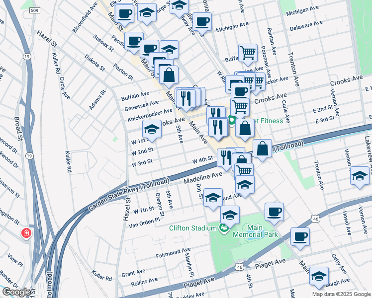 map of restaurants, bars, coffee shops, grocery stores, and more near 134 West 4th Street in Clifton