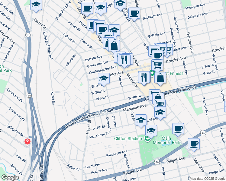 map of restaurants, bars, coffee shops, grocery stores, and more near 157 West 3rd Street in Clifton