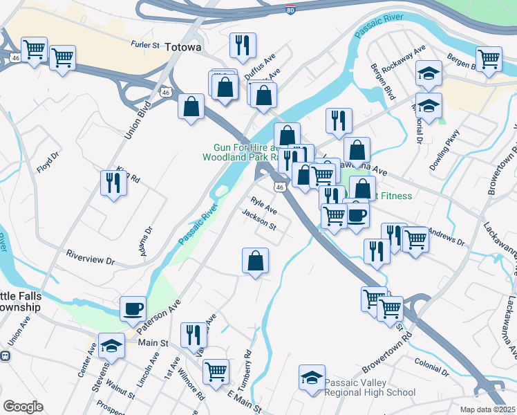 map of restaurants, bars, coffee shops, grocery stores, and more near 23 Jackson Street in Little Falls