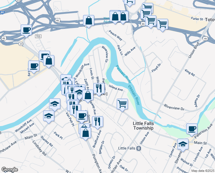 map of restaurants, bars, coffee shops, grocery stores, and more near 11 West End Avenue in Little Falls