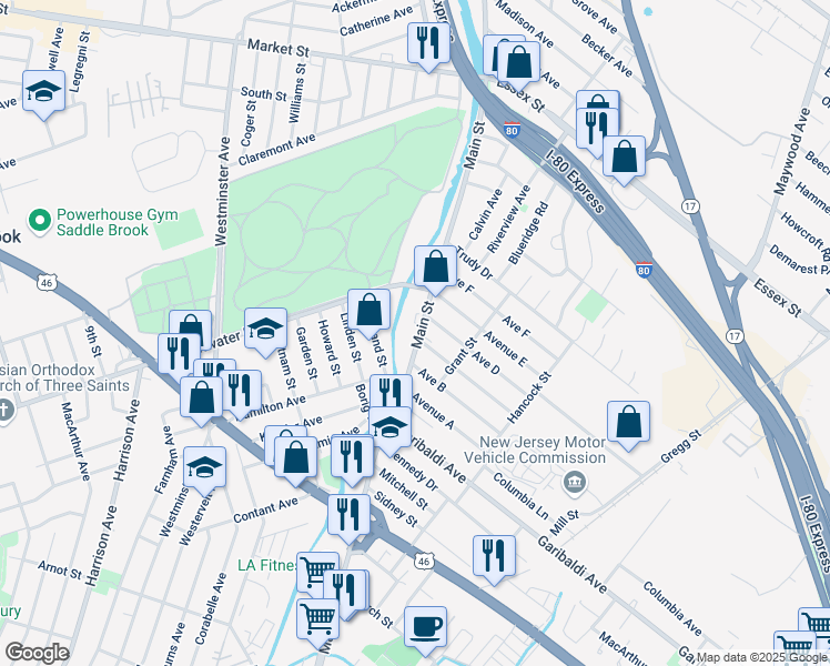 map of restaurants, bars, coffee shops, grocery stores, and more near 16 Vreeland Street in Lodi