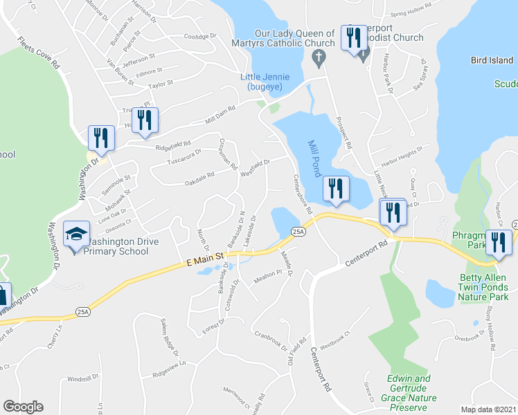 map of restaurants, bars, coffee shops, grocery stores, and more near 36 Lakeside Drive in Centerport
